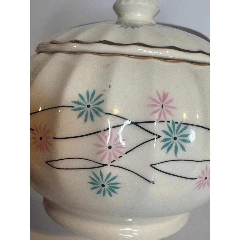 Vintage Atomic Starburst Creamer Sugar Set MCM Pink Blue‎ Floral Gold Trim